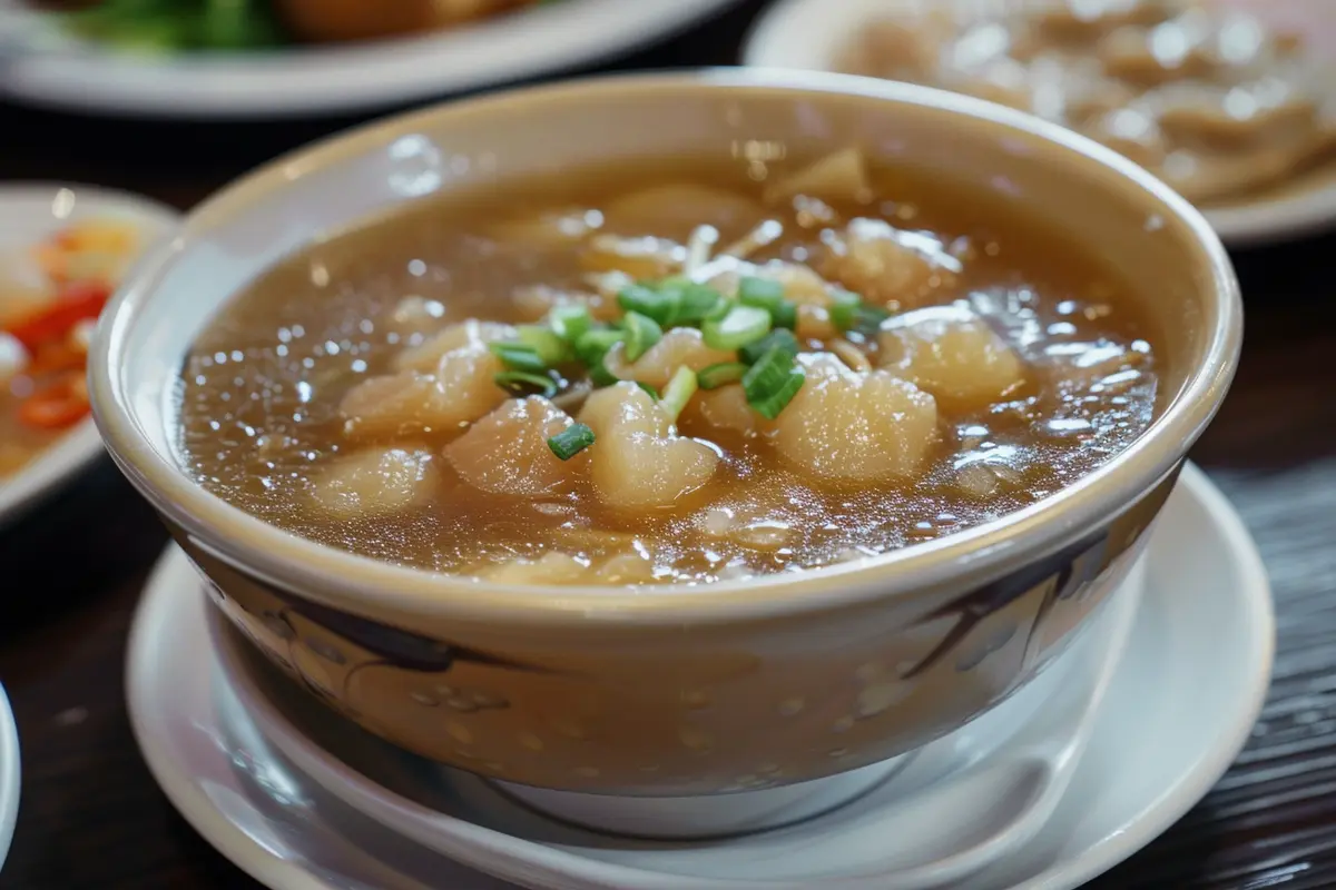 A bowl of soup with lotus seeds and vegetables.