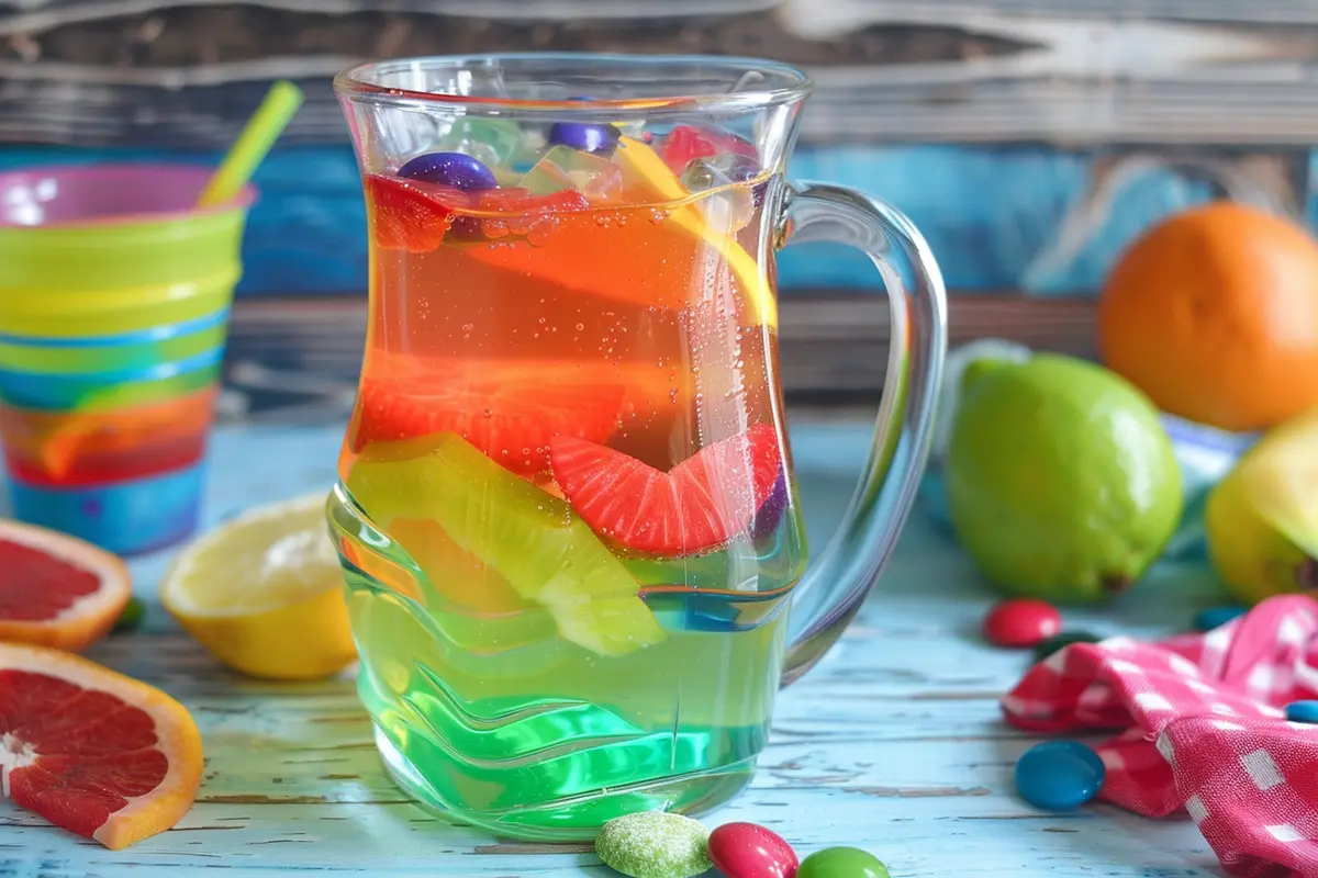 A glass pitcher of bug juice next to Kool-Aid packets and fruit slices