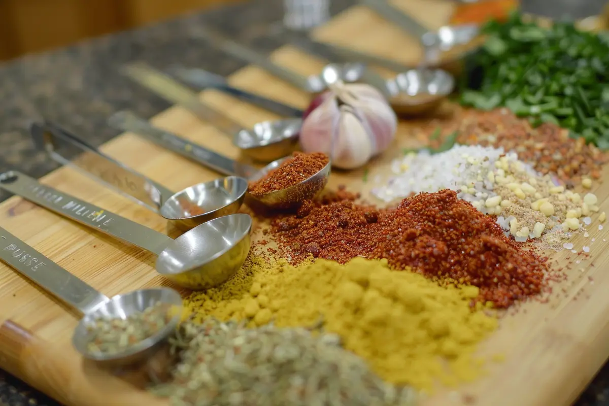 A variety of spices like paprika, cayenne pepper, and garlic powder used for frying fish