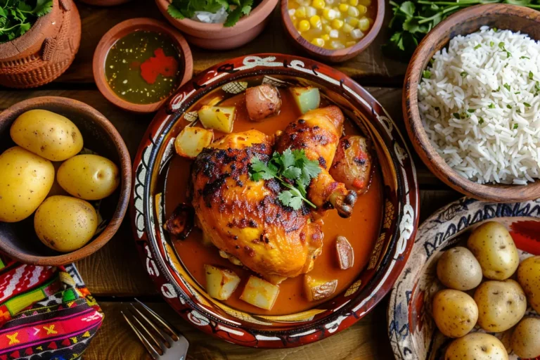 Family-style serving of Amarillo Chicken with Peruvian sides