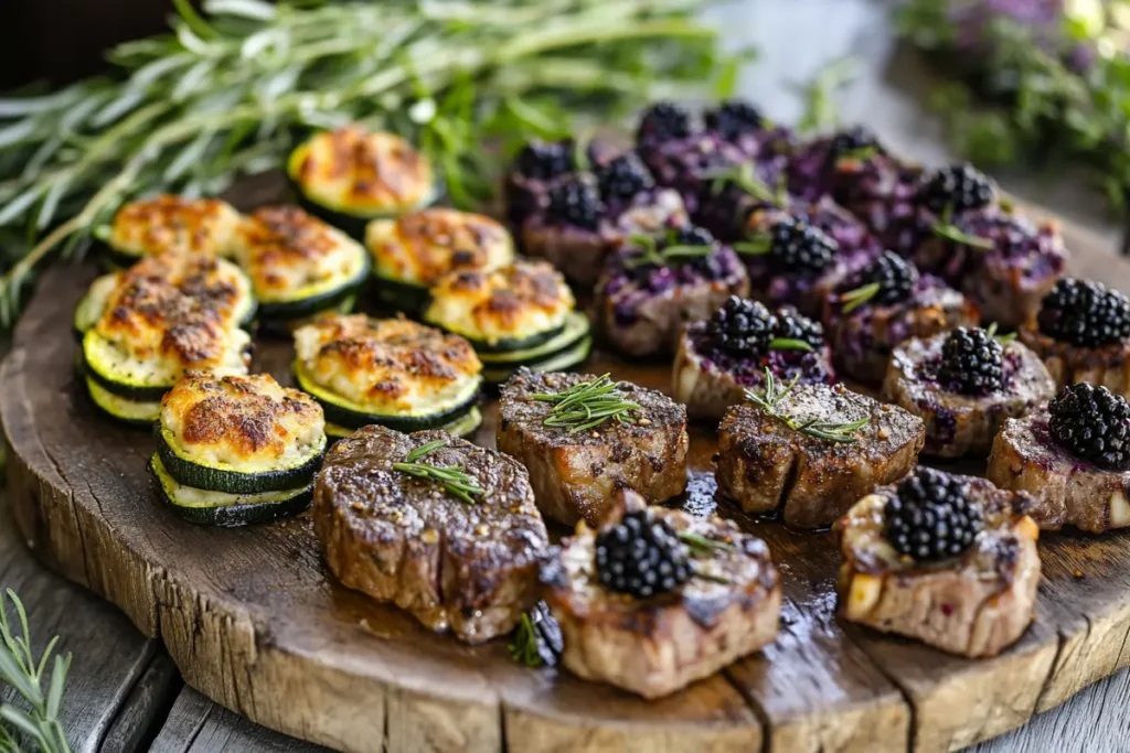 Tray of garlic-butter steak bites, zucchini pizza bites, and blackberry brie bites.