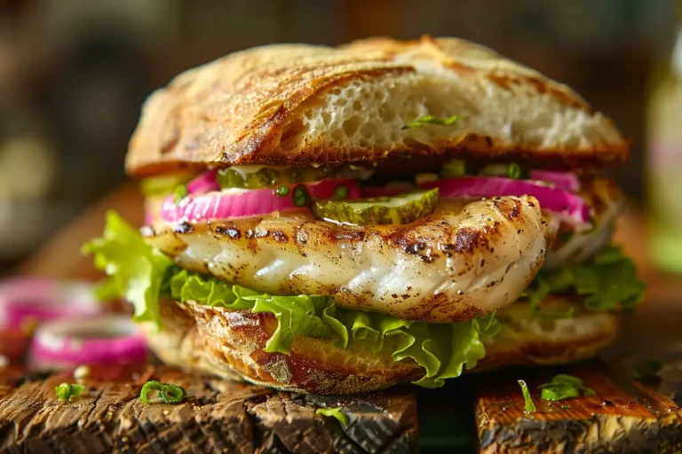 Close-up of an Authentic Matjesbrötchen sandwich with fresh ingredients