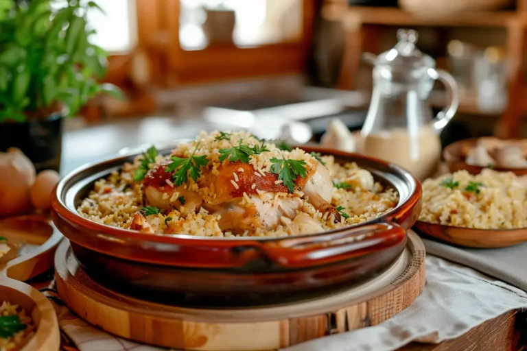 Baked forgotten chicken recipe in a casserole dish with creamy rice and tender chicken