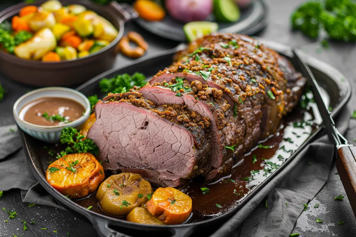 Cooked brisket on a serving tray with beef bouillon rub ingredients and side dishes