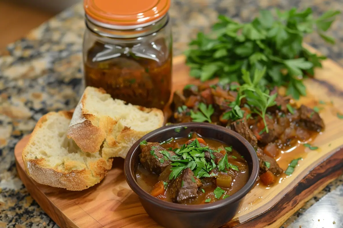 Beef stew with beef bouillon powder and garnishes in a kitchen setting