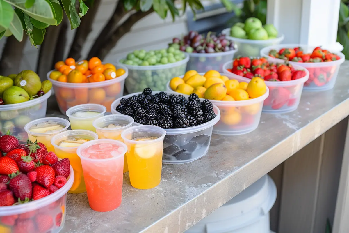 DIY bug juice station with fruits, drink mixes, and eco-friendly cups