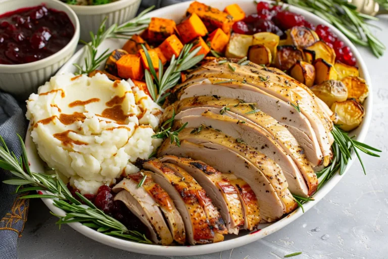 Butterball turkey breast sliced and arranged on a platter with side dishes