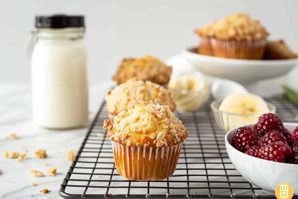 Freshly baked muffins made with kefir on a cooling rack