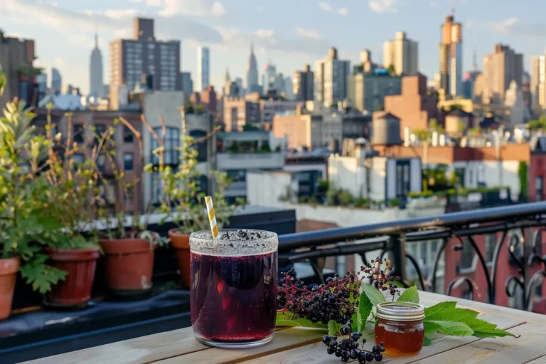 A glass of elderberry juice with a straw sits on a chic wooden table, and fresh elderberries leaves and small honey jar