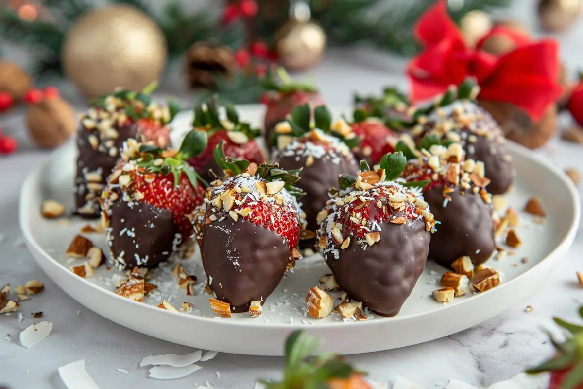 A decorative platter of carob-covered strawberries with toppings