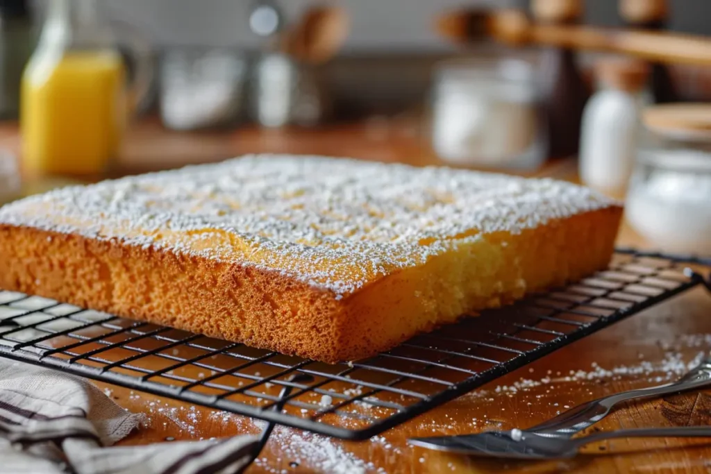 Freshly baked kefir sheet cake cooling on a rack, ready for frosting