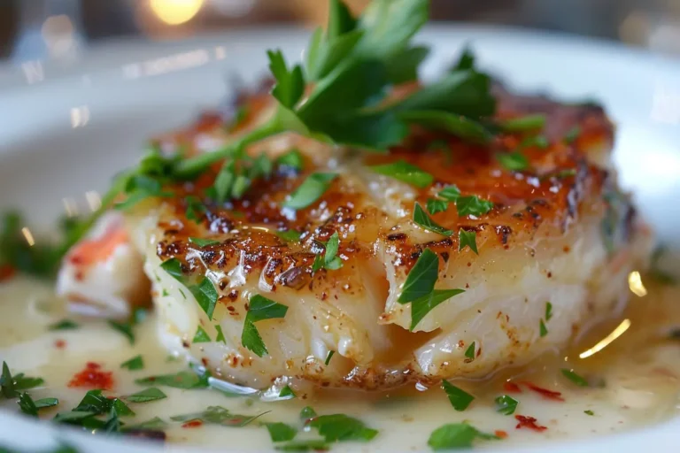 A beautifully plated Crab Brulee with a caramelized sugar crust and fresh parsley garnish