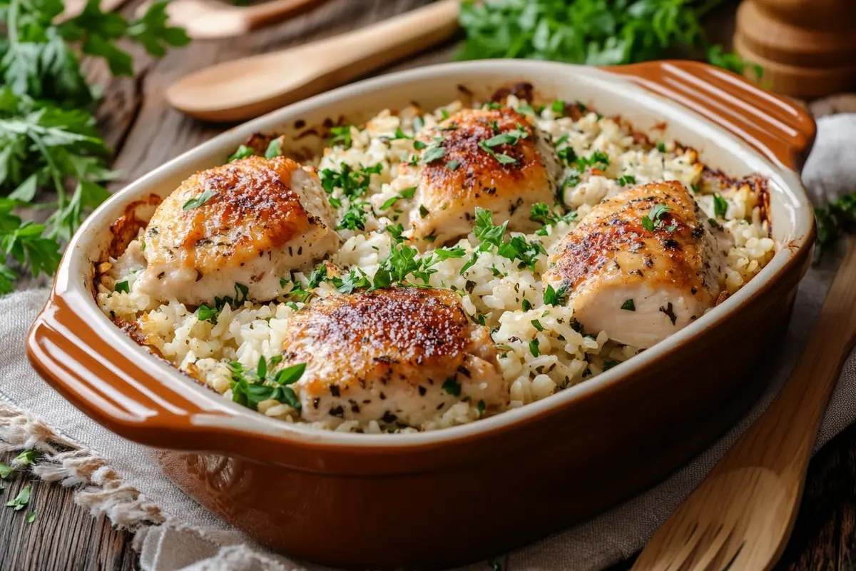 Cozy dinner table with Creamy Chicken and Rice Bake