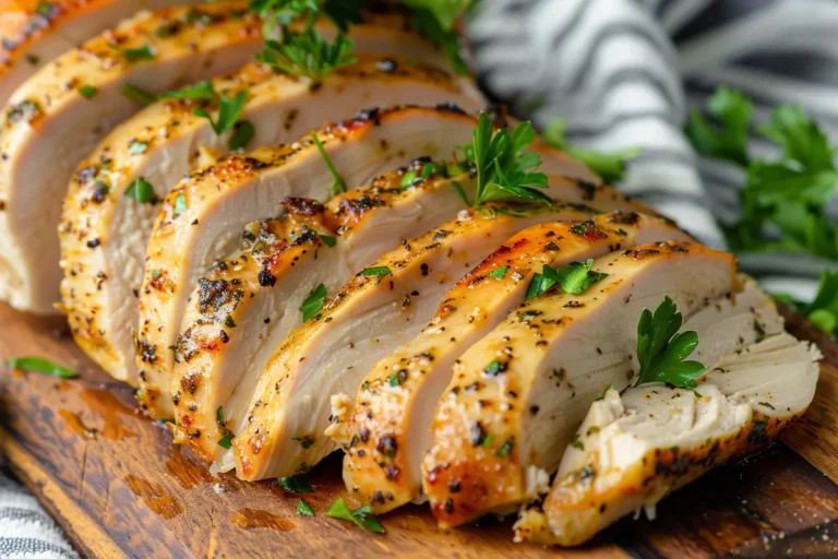 A tender Creole butter turkey breast sliced and garnished with fresh parsley, perfect for serving