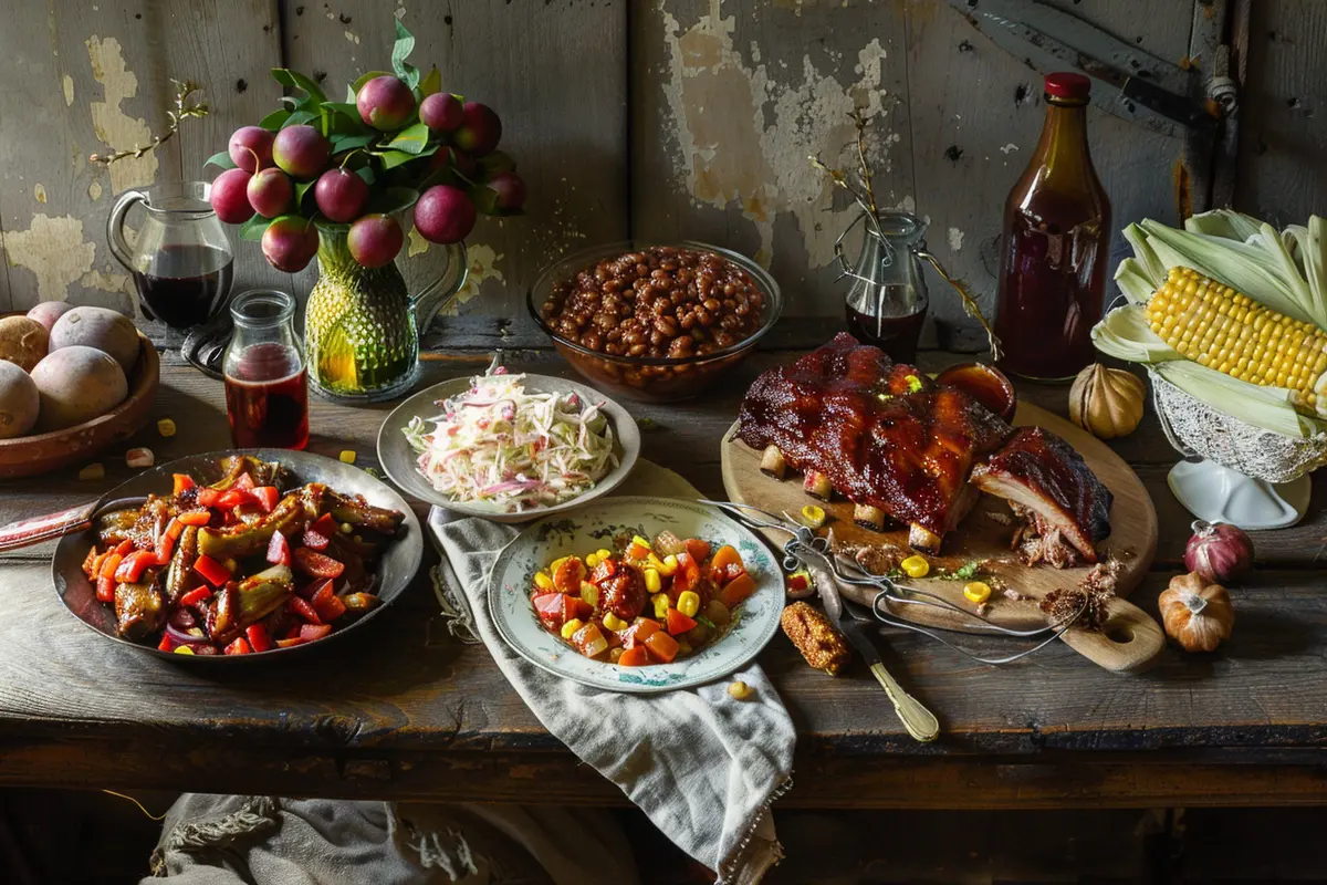 Party ribs served with sides on a festive table