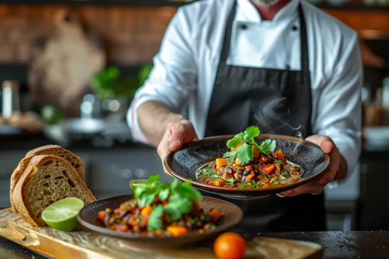 A bowl of black bean soup with lime and cilantro on a wooden table