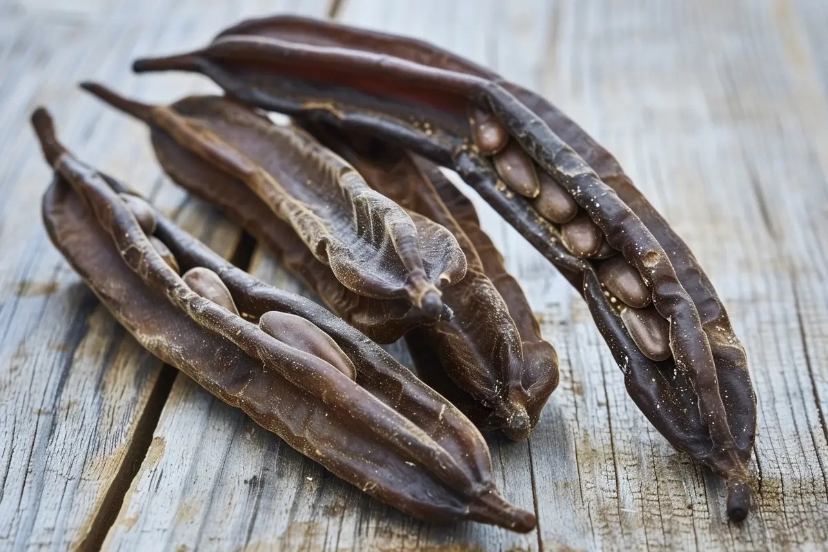 Raw carob pods on a wooden table