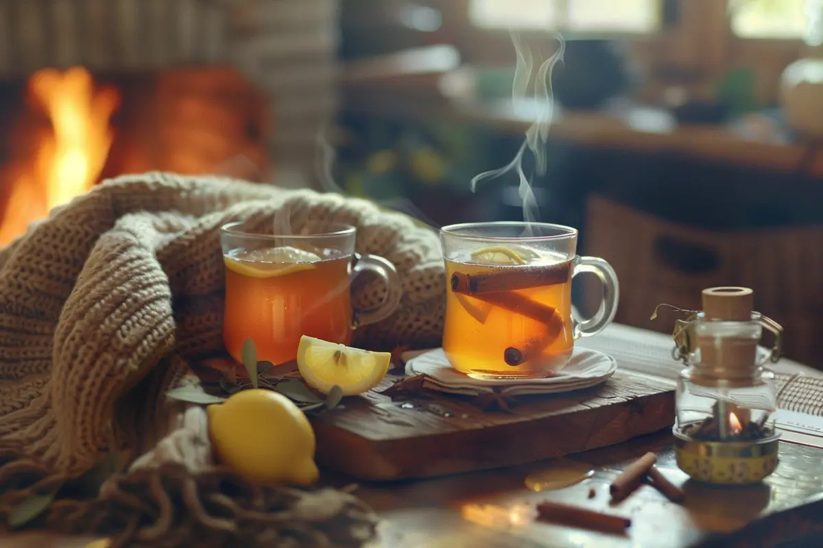 two glass mugs of steaming ginger toddy, placed on a table with a knitted scarf, lemon wedges, a honey jar, and cinnamon sticks