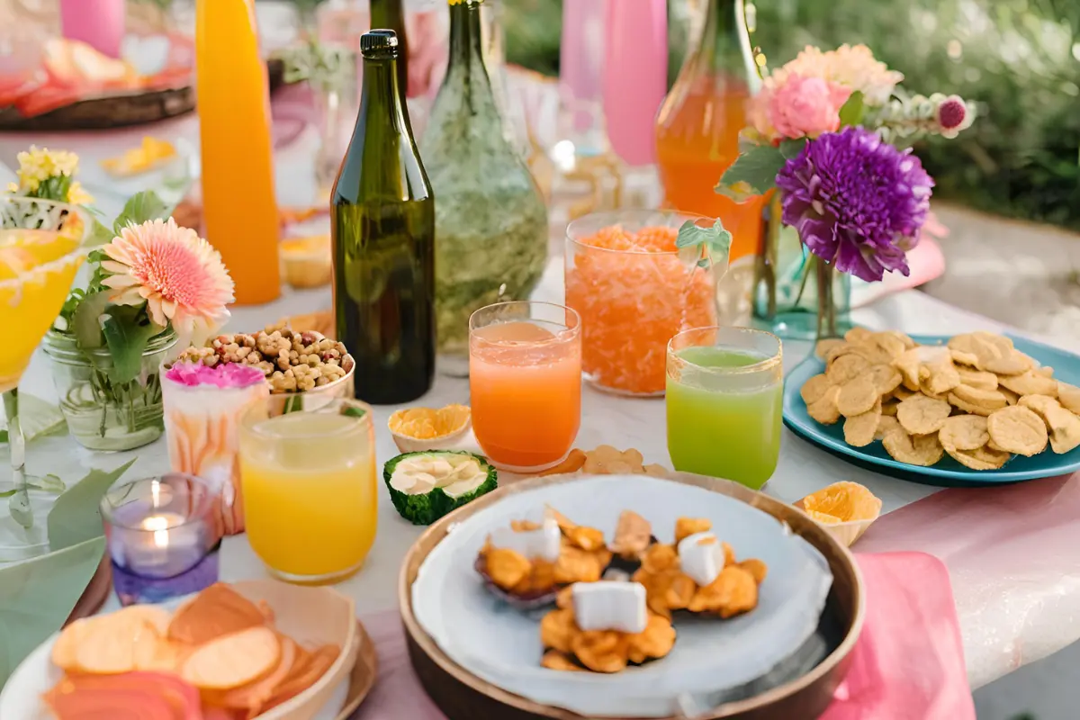 An elegant table setup featuring Drinks & Sides, including beverages, salads, and dips with a rustic background and natural lighting