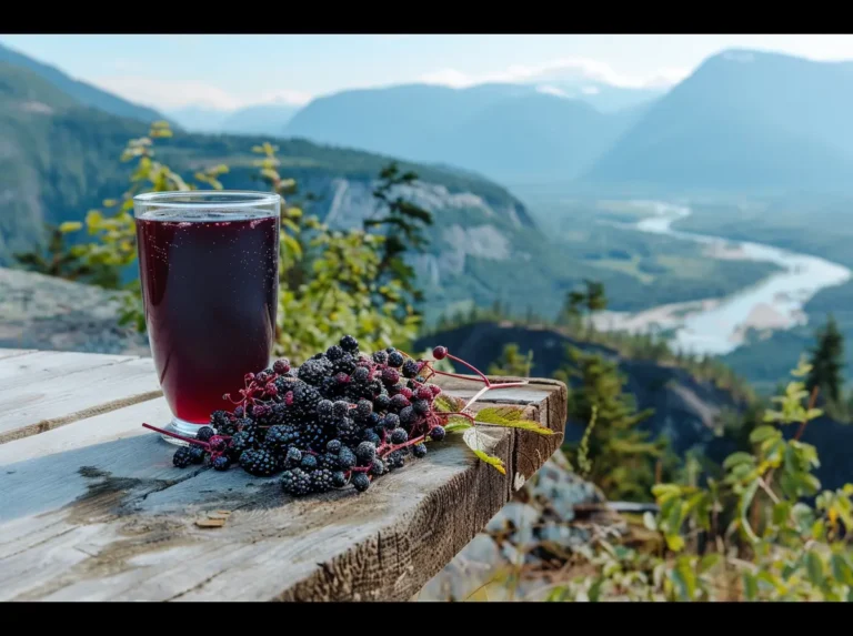 glass of elderberry juice and fresh elderberries