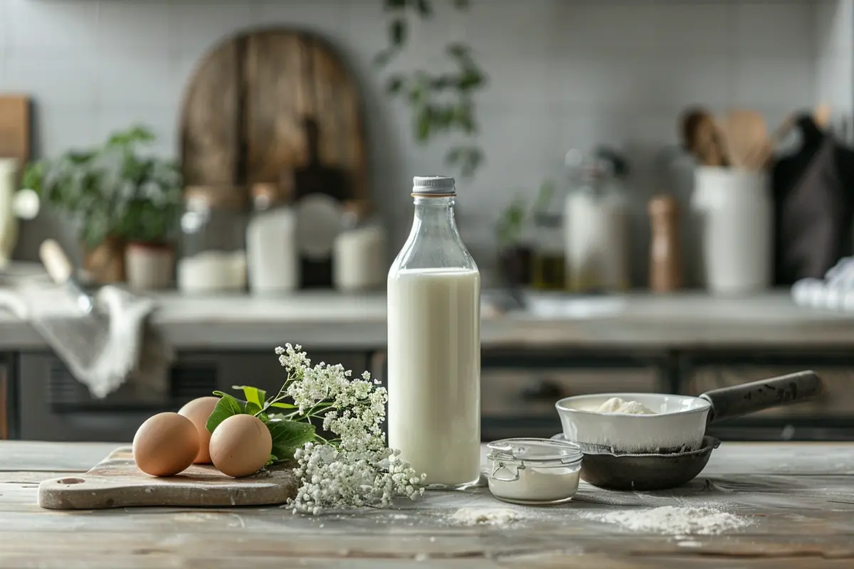 Ingredients for kefir sheet cake displayed on a rustic kitchen counter