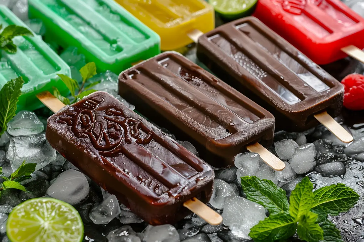 Frozen Coke popsicles in colorful molds served on crushed ice