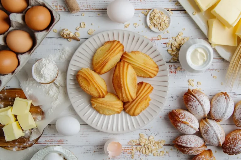 A flat lay of golden madeleines with a delicate crumb on a white plate