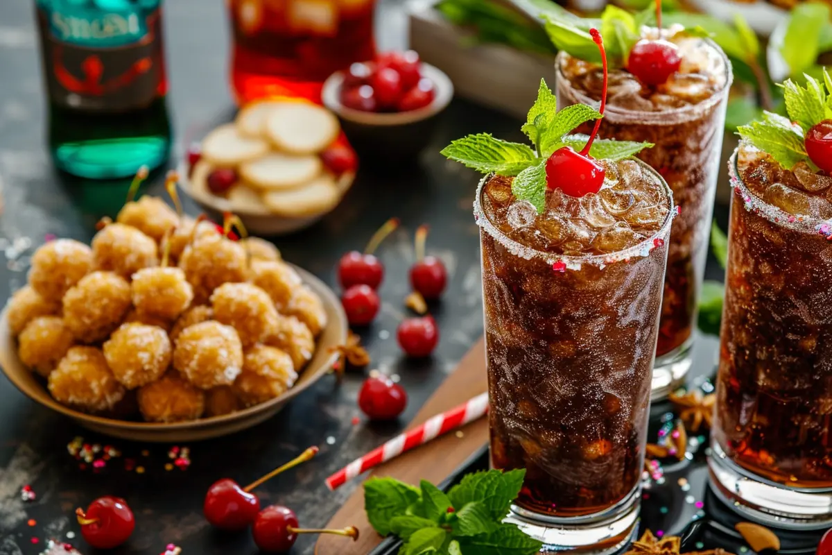 Festive slushie Coke served with garnishes on a party table