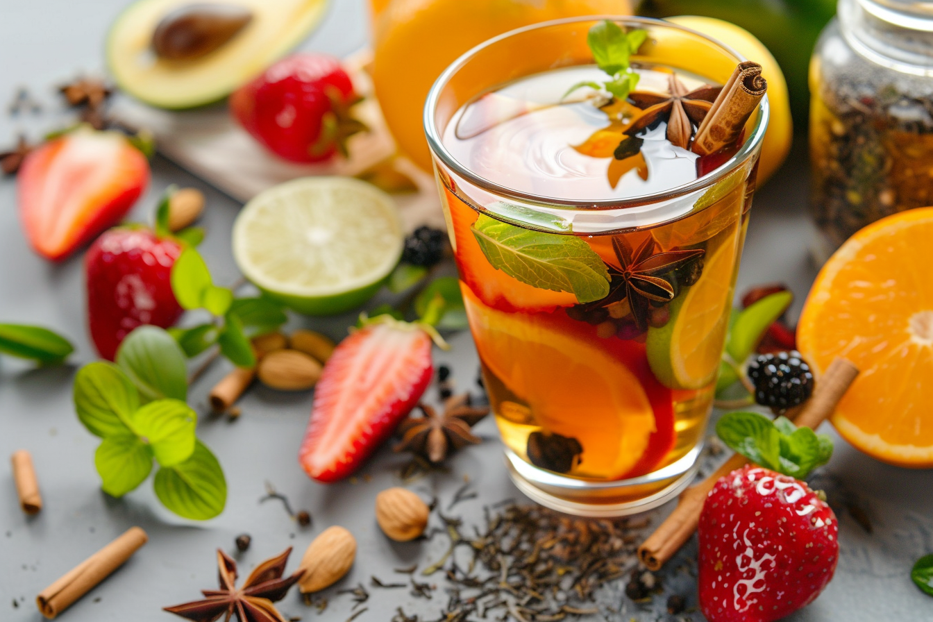 A refreshing Herbalife loaded tea garnished with fruits and surrounded by its key ingredients