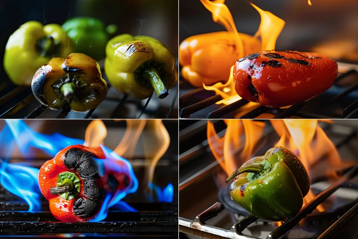 bell peppers blackened on a grill, under a broiler, with a kitchen torch, and over a gas stovetop flame