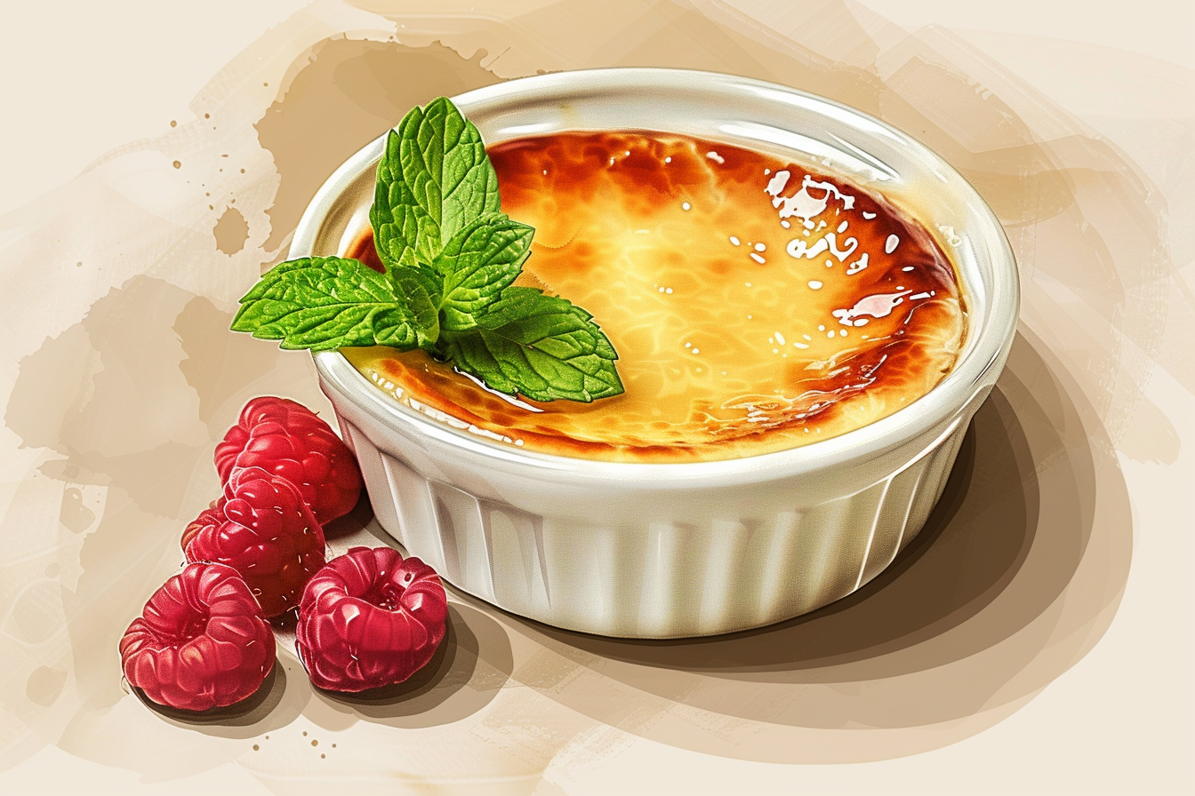 A perfectly caramelized crème brûlée with a golden sugar crust and fresh mint garnish