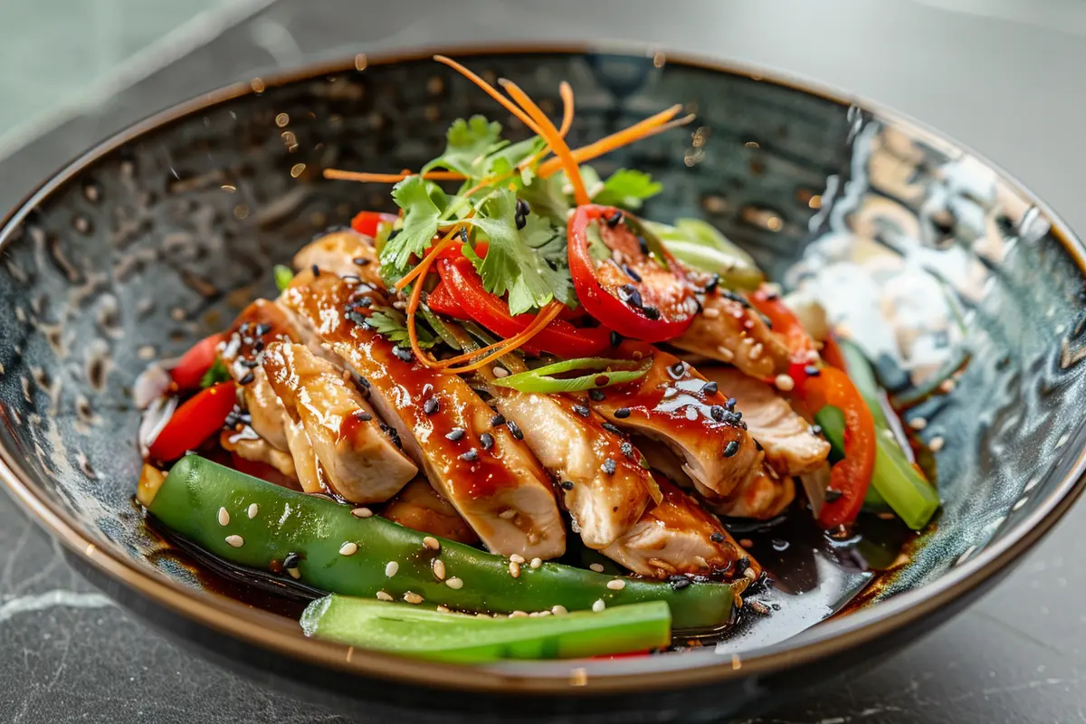 Velveted chicken stir-fried with vegetables and sauce