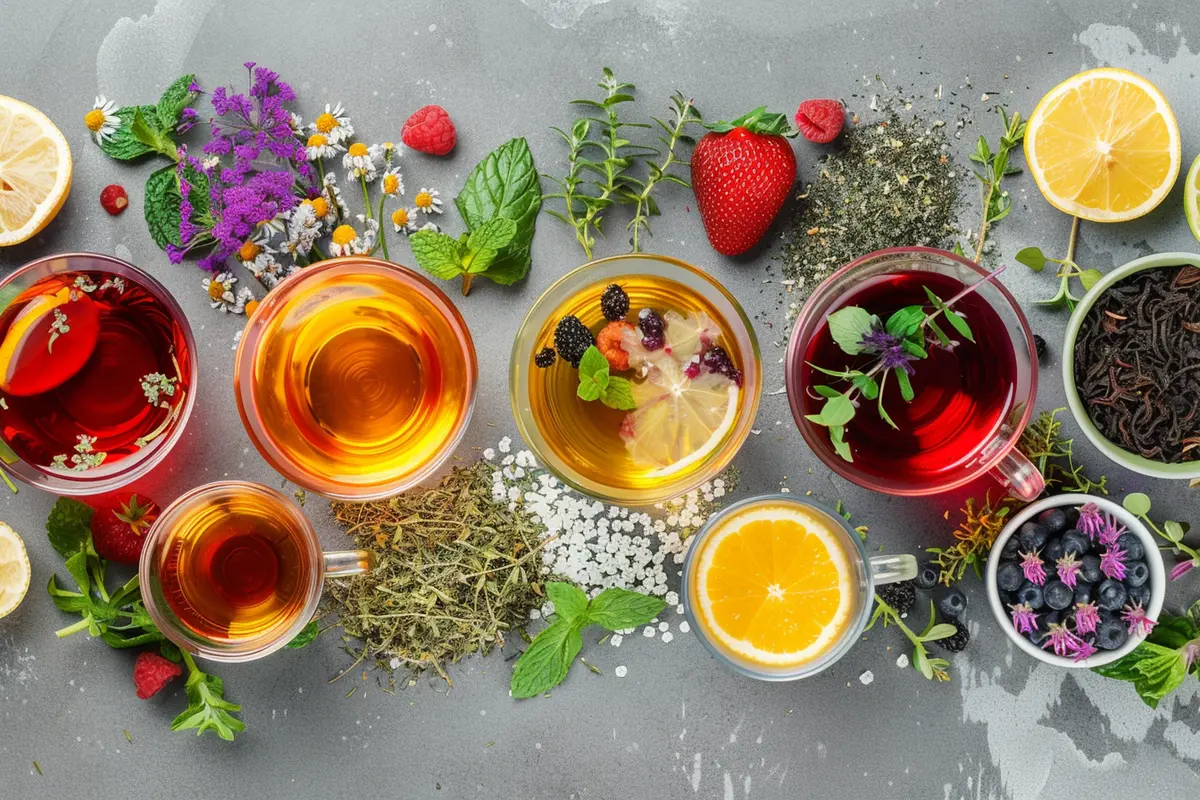 A variety of colorful teas and ingredients are arranged on a gray surface.
