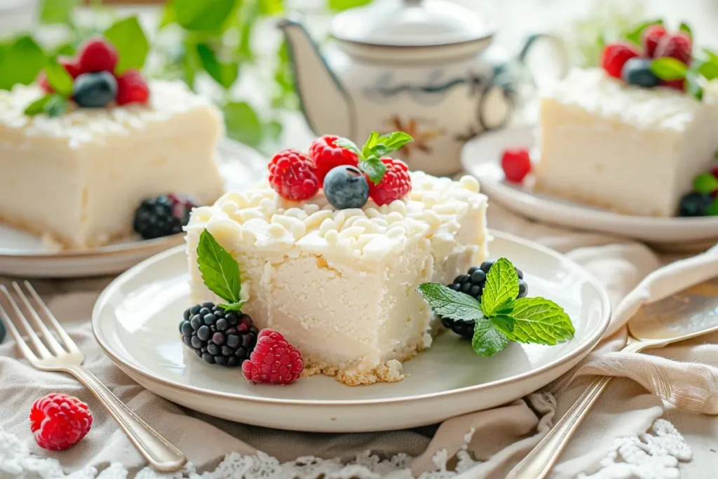 Frosted slices of kefir sheet cake served with berries on a cozy dining table