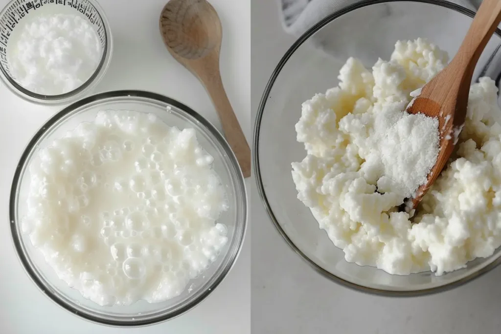 Kefir reacting with baking soda in a bowl, creating bubbles