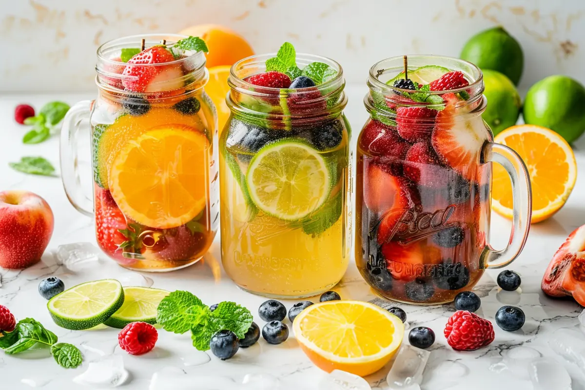 A variety of colorful and vibrant loaded tea recipes in glass jars garnished with fruits