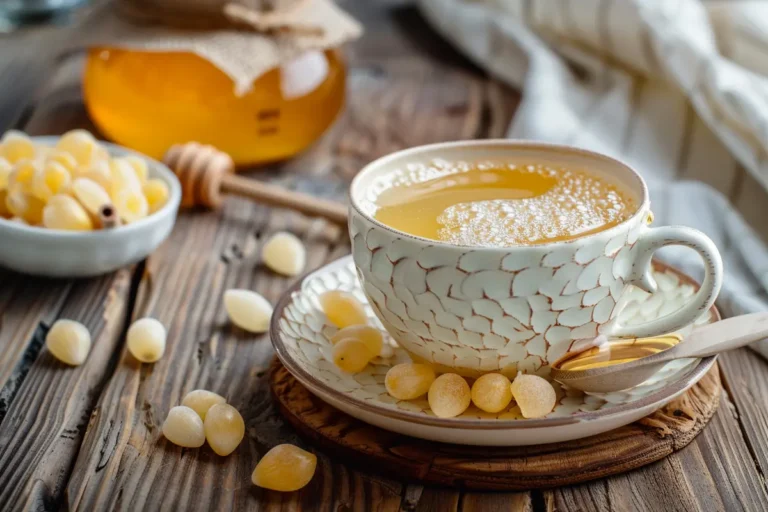 Lotus seed honey drink with lotus seeds and honey jar.