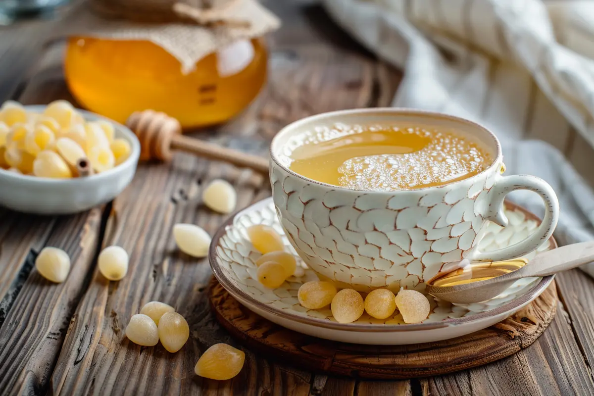 Lotus seed honey drink with lotus seeds and honey jar.