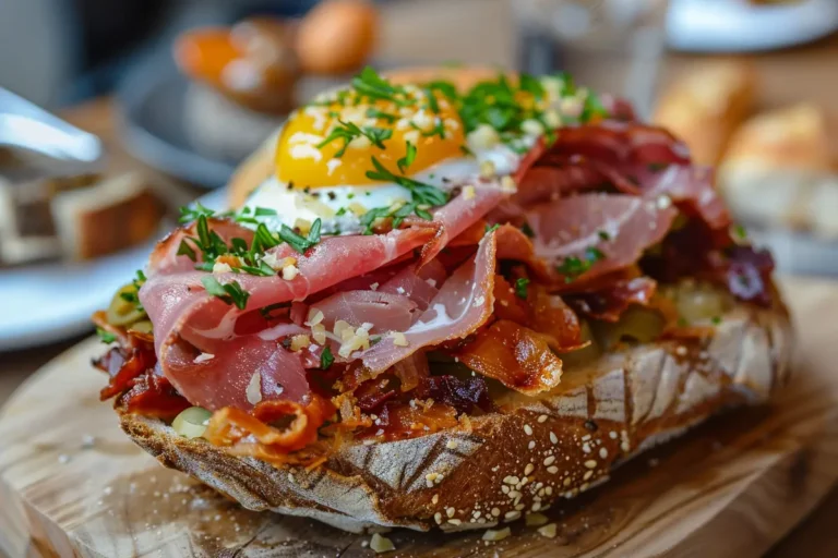 Close-up of a traditional Matjesbrötchen sandwich with toppings