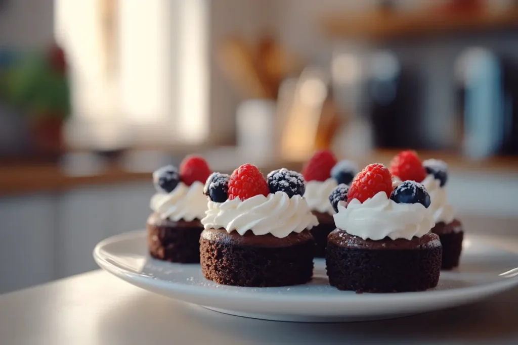 Mini chocolate cakes with whipped cream and berries