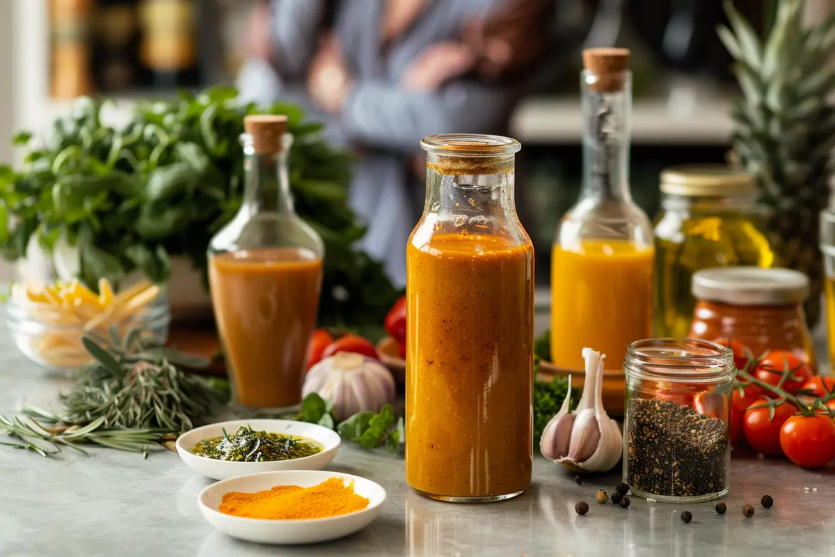 Freshly made Nicoise salad dressing in a jar