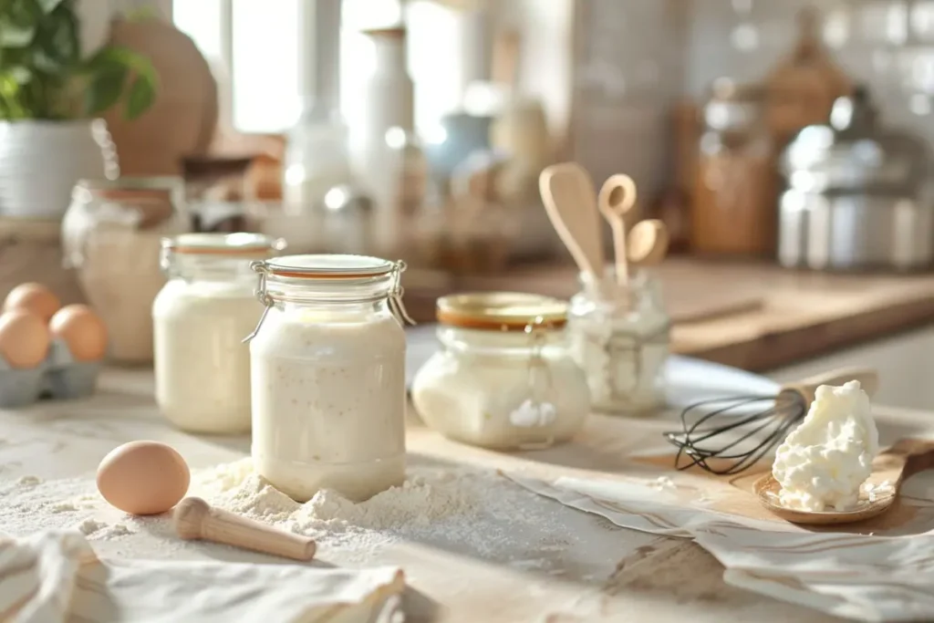 Kefir and yogurt jars with baking ingredients on a kitchen counter