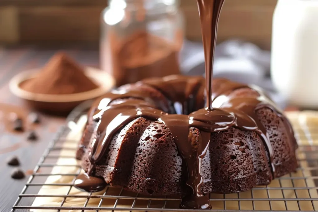 Chocolate kefir cake being glazed on a cooling rack, with kefir in the background