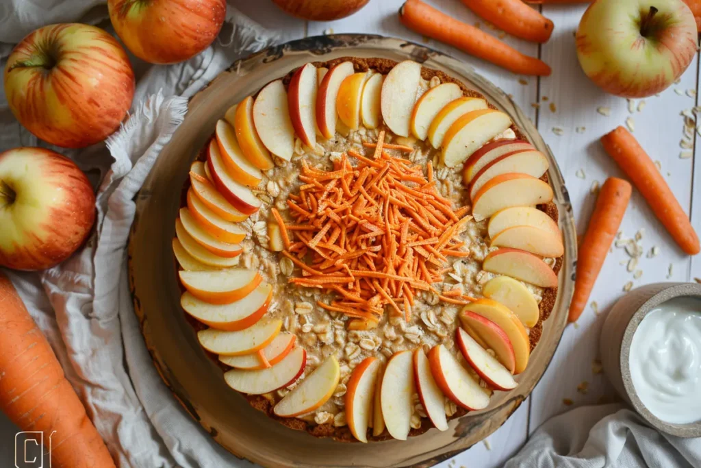 Oat and kefir cake garnished with carrots and apples, displayed on a rustic wooden platter