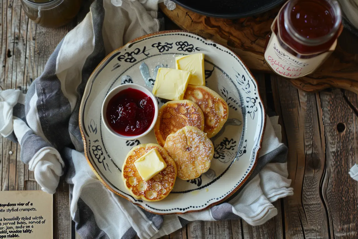 Plate of crumpets with butter, jam, and honey on a rustic wooden table