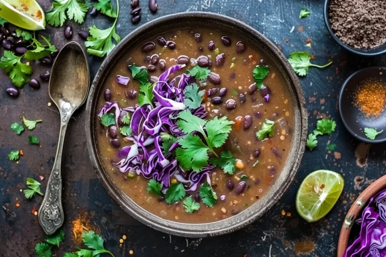 A vibrant bowl of purple black bean soup with colorful garnishes