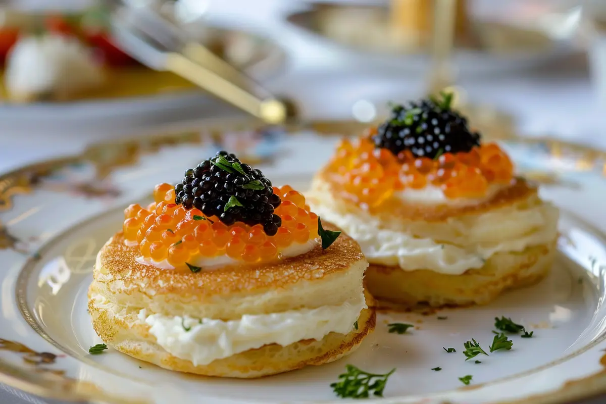 Luxurious spread of crumpets with caviar and crème fraîche