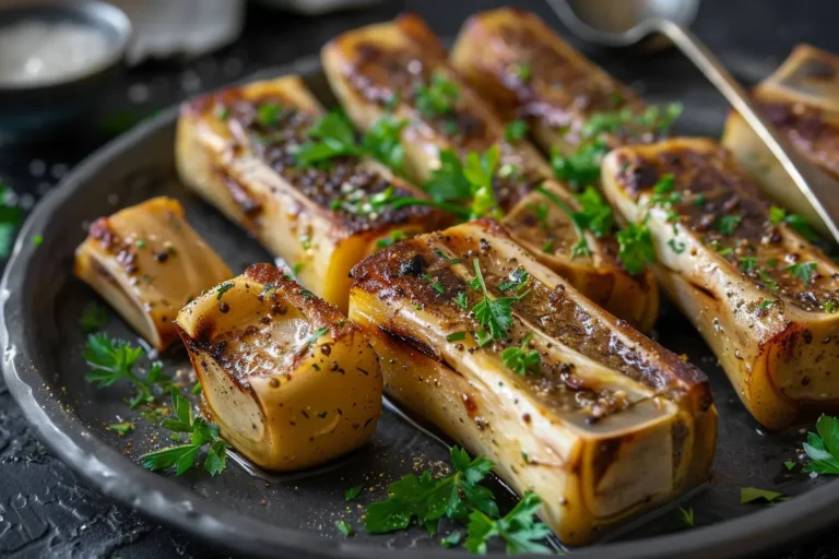 Roasted bone marrow bones ready to serve