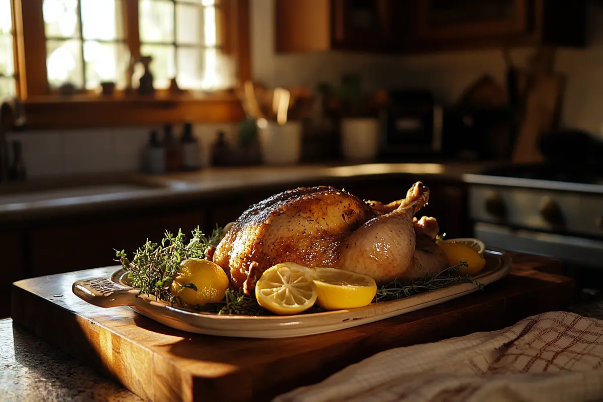 Roasted chicken garnished with lemon and herbs on a rustic countertop