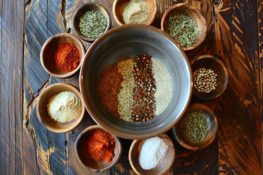 Rustic spices for a hillbilly fish fry seasonings recipe arranged on a wooden table